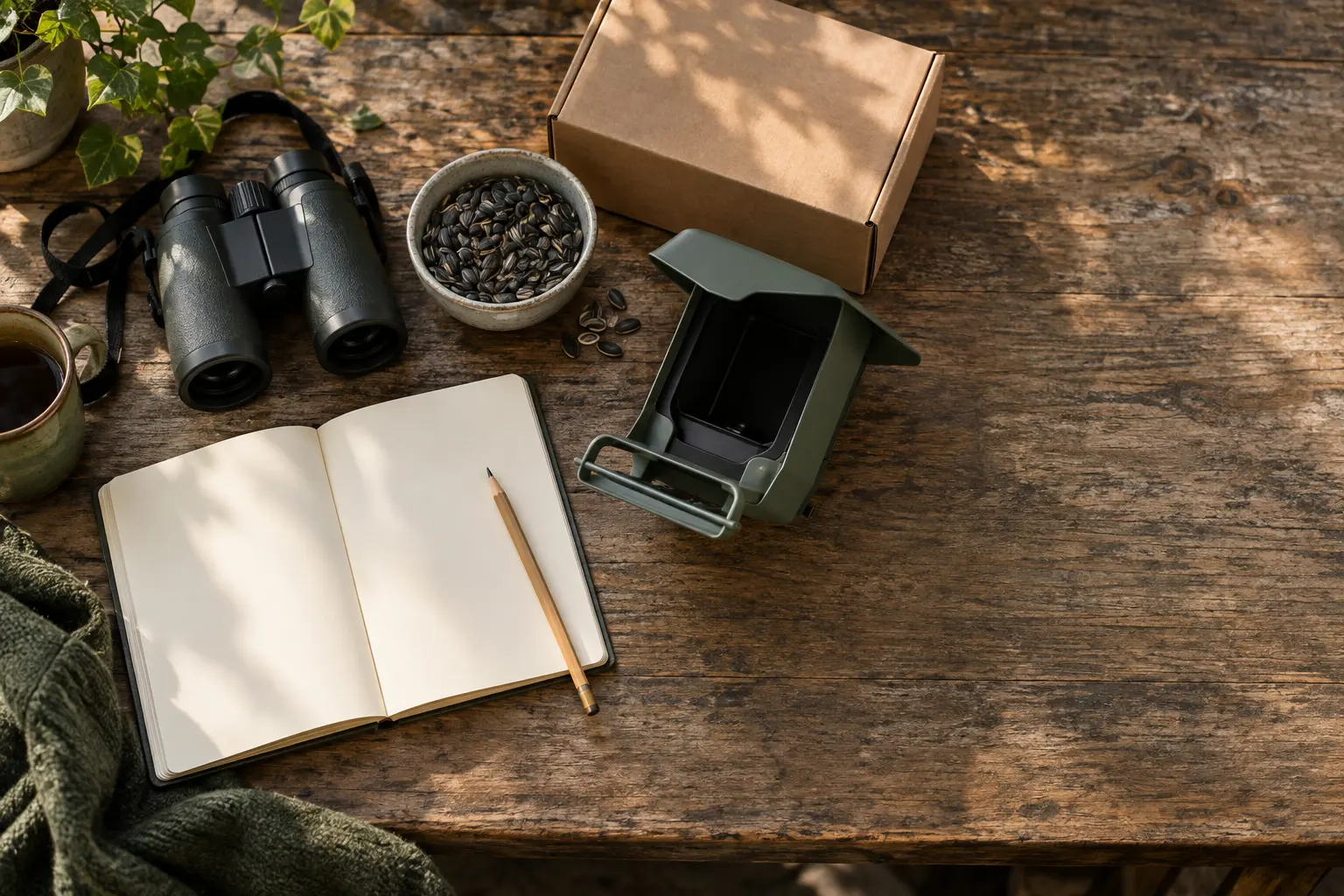 An editor's research desk with binoculars, black-oil sunflower seed, a notebook, and a generic feeder component.