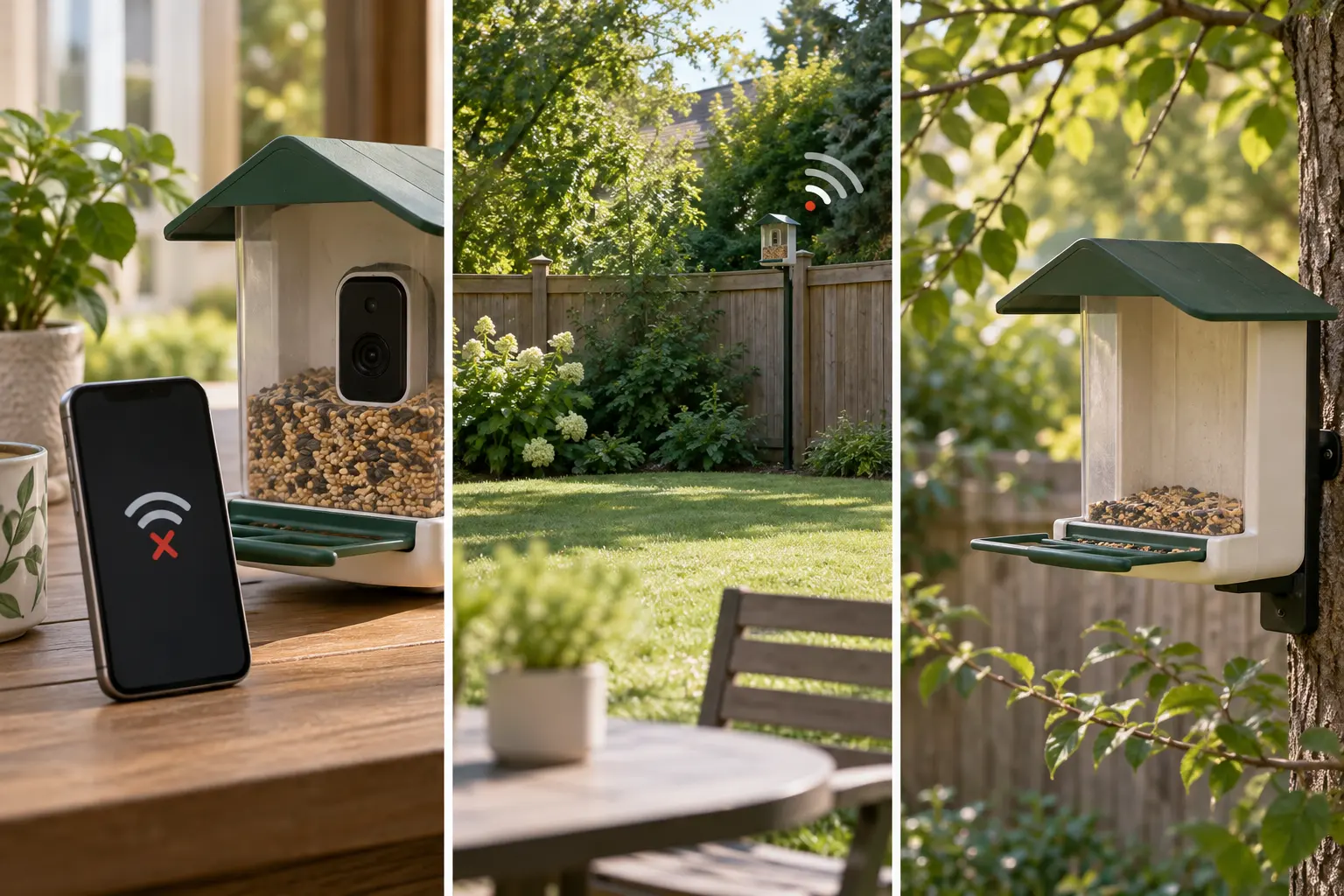 Three realistic setup moments: a failed connection, a distant Wi-Fi signal, and an empty feeder waiting for birds.