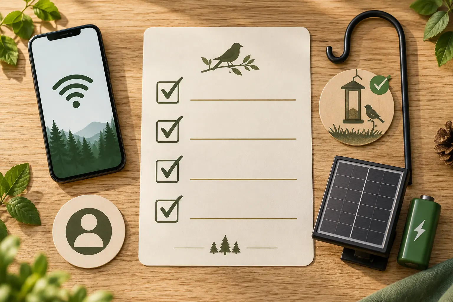 A pre-purchase readiness card with visual cues for Wi-Fi, a mounting hook, solar power, and an account check.