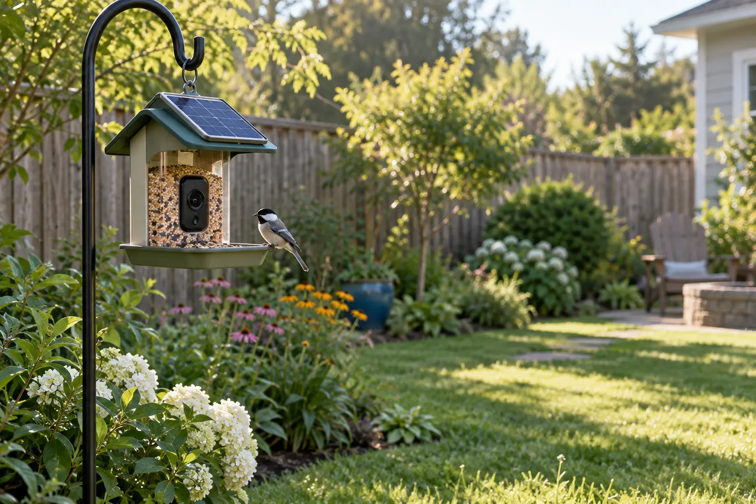 A generic solar camera bird feeder on a shepherd's hook in an ordinary backyard, with a small bird nearby.