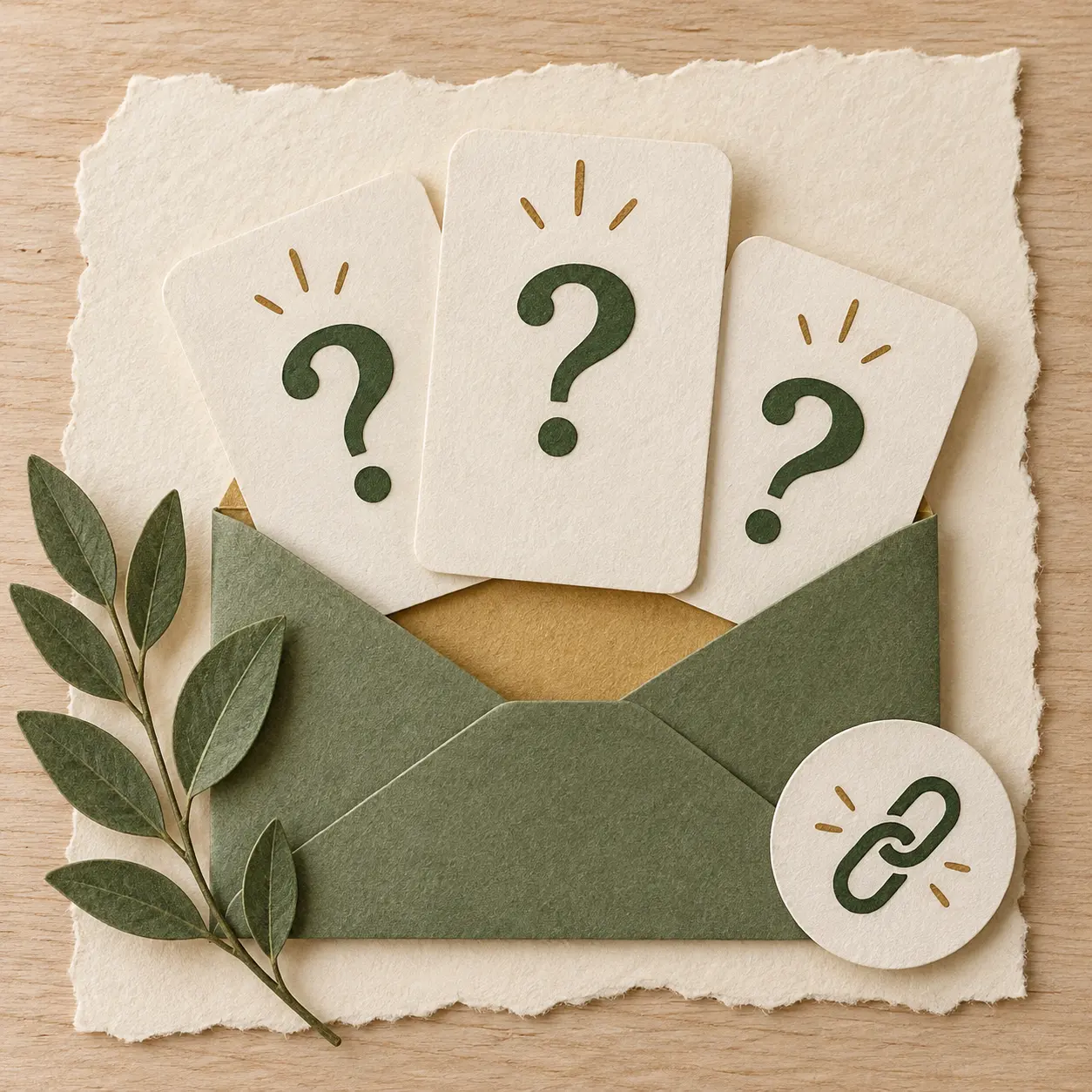 A paper envelope holding question cards and a simple link symbol.