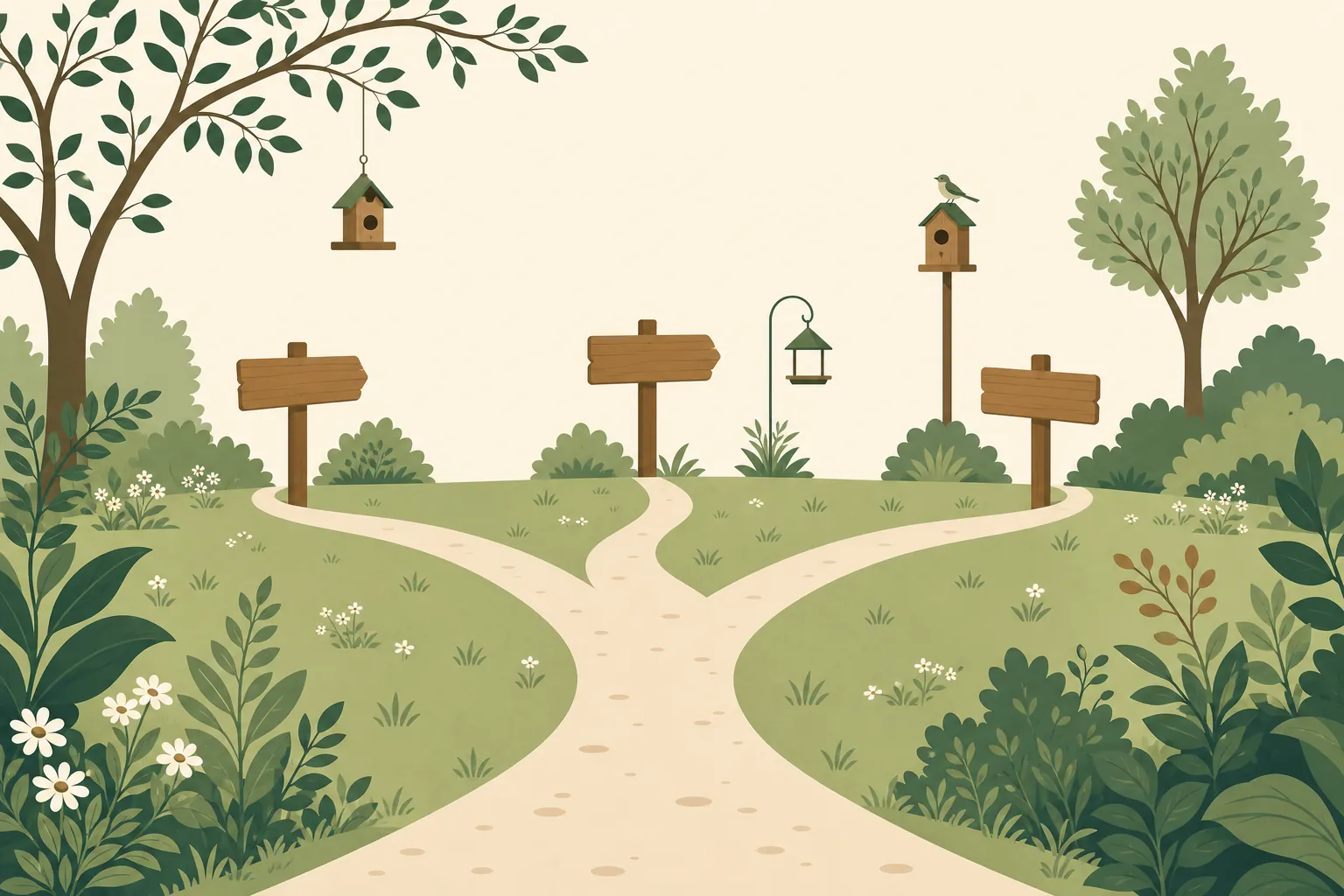 Illustration: a garden path with three signposts pointing in different directions, no text on the signs.