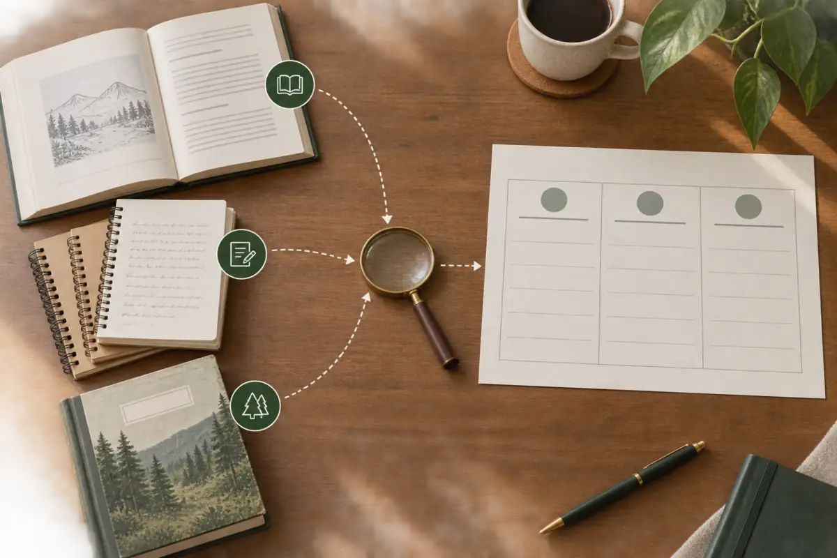 Research notes, a reference book, and a blank three-column comparison sheet connected through a magnifying glass.