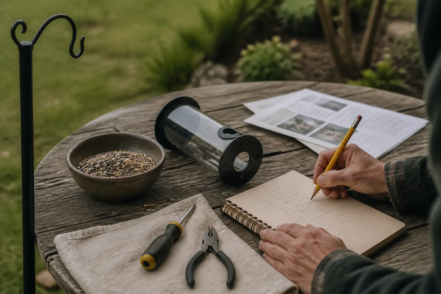 Hands taking field notes beside seed, a feeder component, tools, and a shepherd's hook.