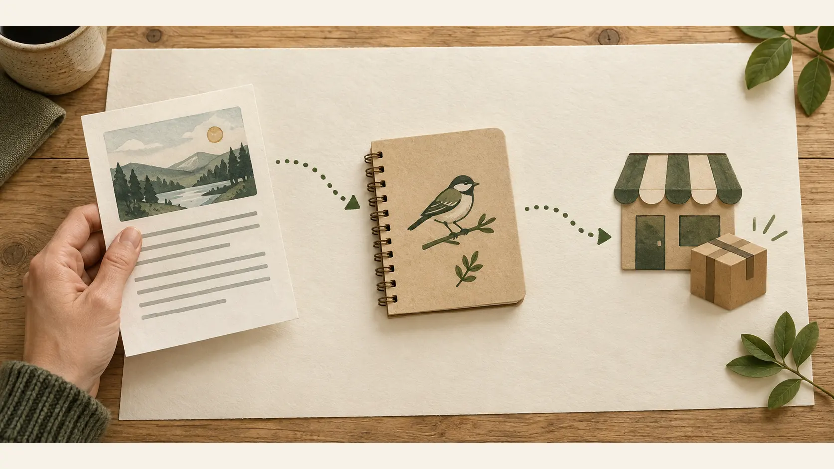 A conceptual reader-to-guide-to-merchant path shown with an article, a field notebook, and a generic storefront symbol.