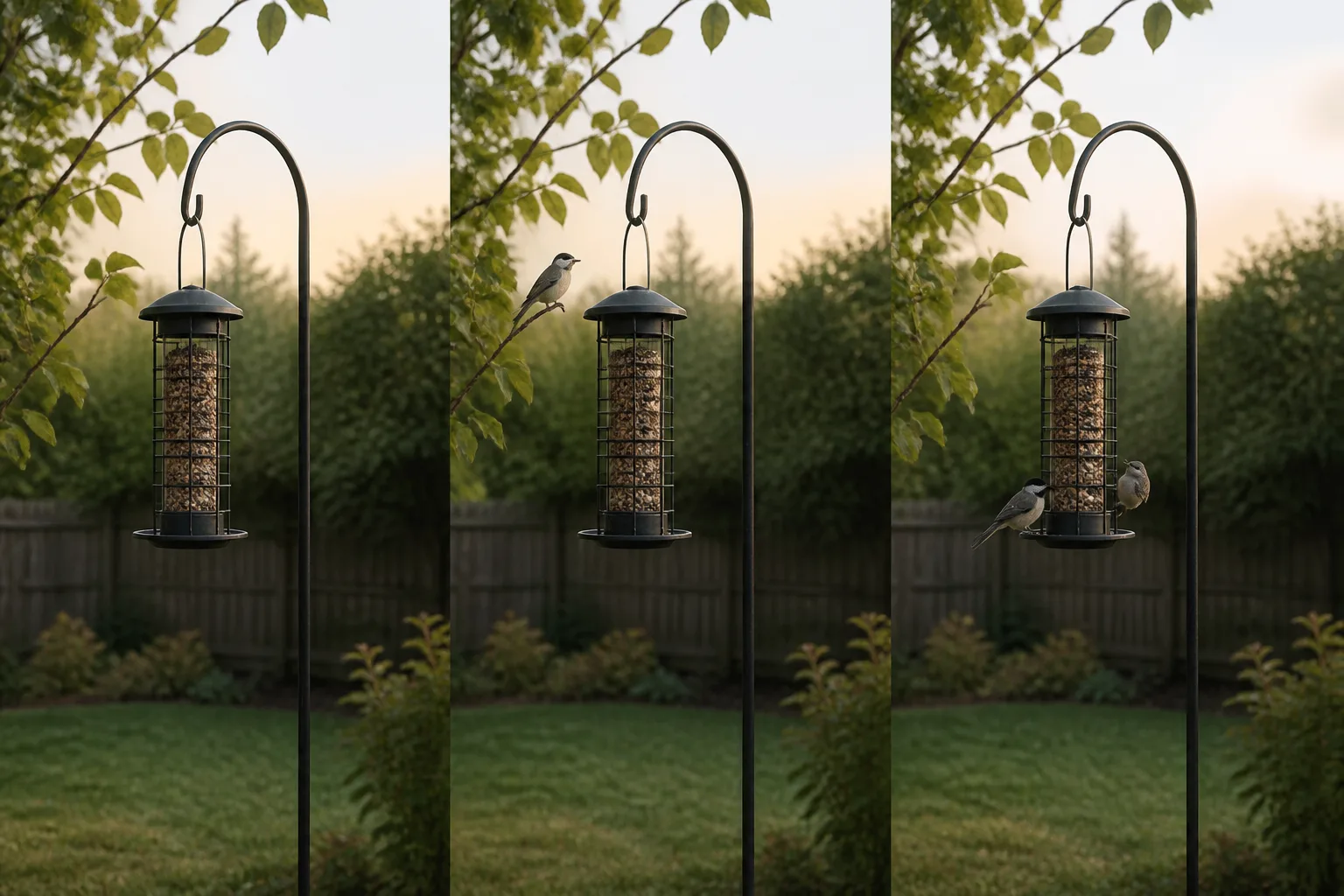 A three-panel sequence showing an empty feeder, a bird watching from a branch, and two birds feeding.
