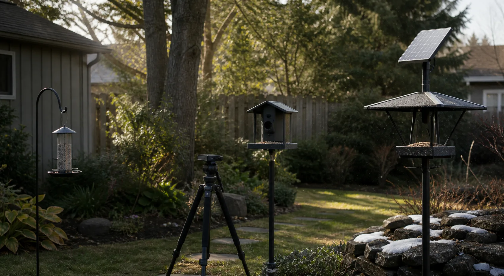 Three generic feeder setups in a backyard showing first setup, photo-focused framing, and all-season flexibility.