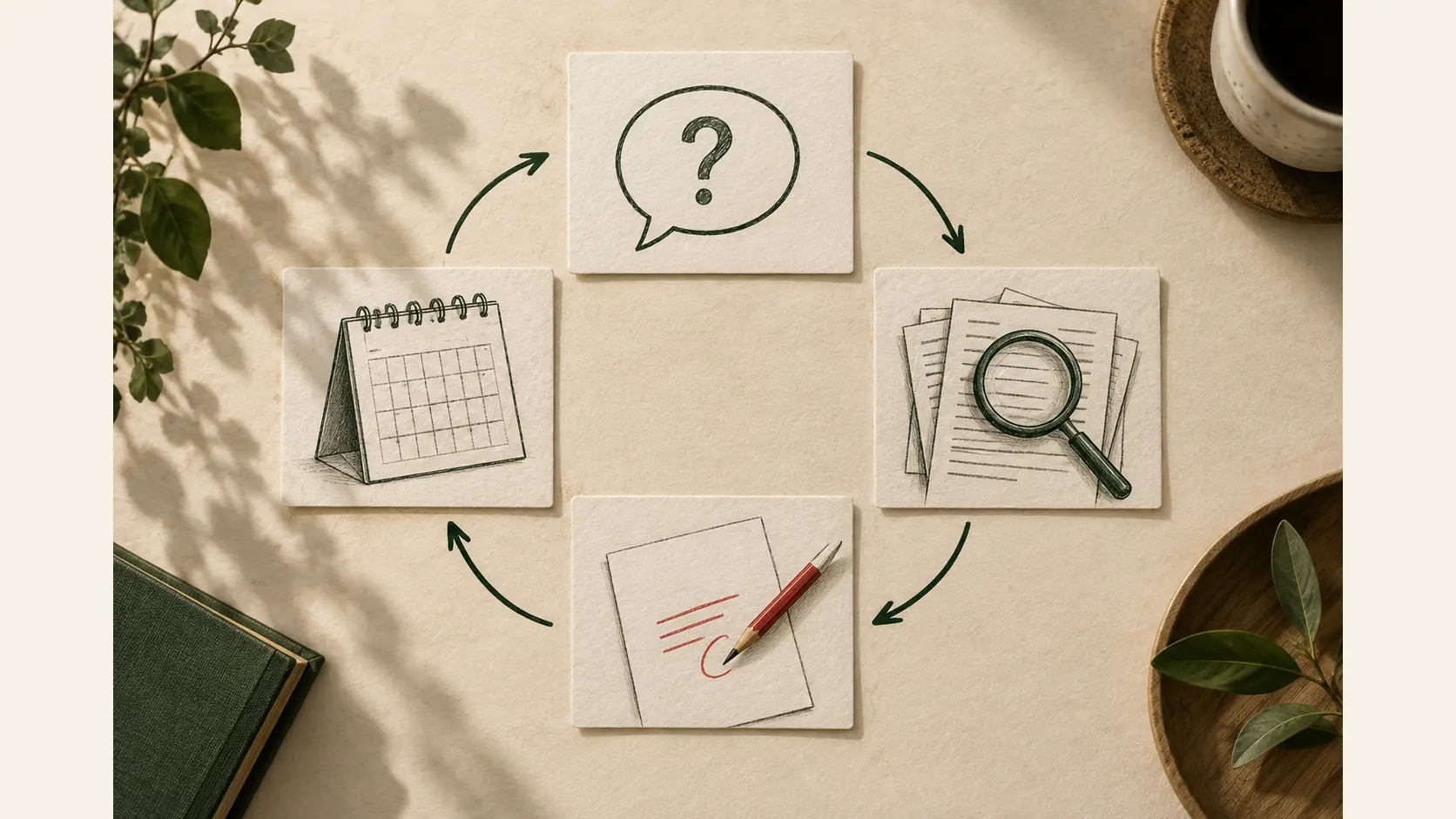 A four-step conceptual workflow of a question, source verification, correction, and updated date.