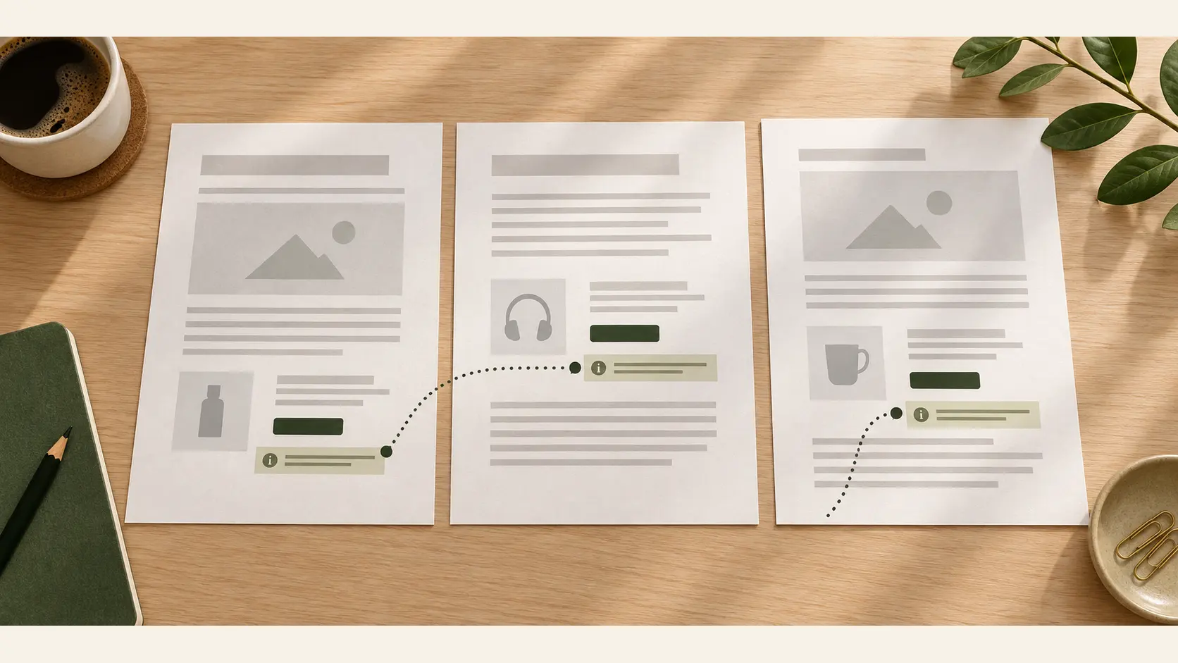Three conceptual article layouts with a visible disclosure strip near a generic recommendation link area.