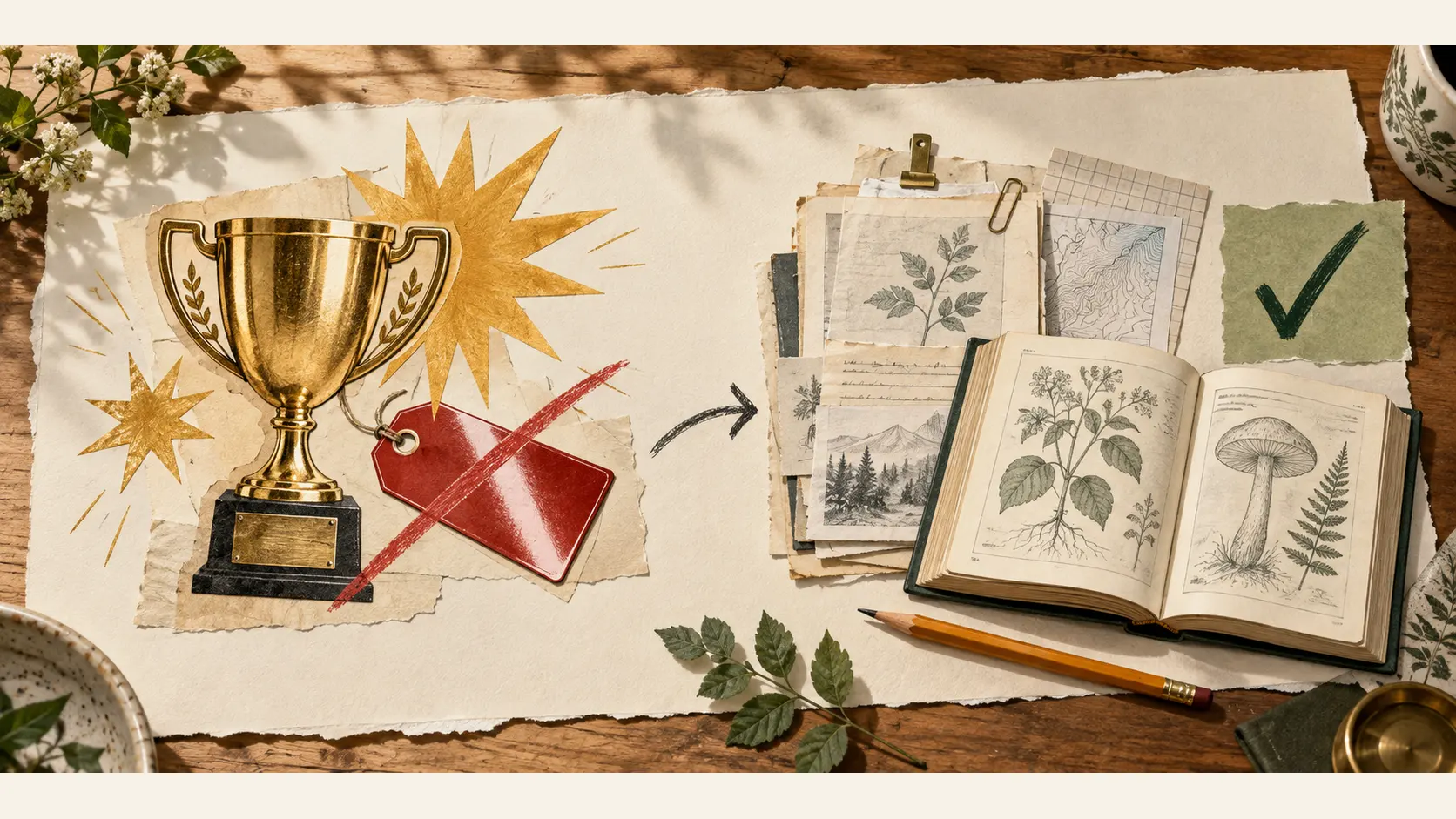 A conceptual illustration showing hype symbols crossed out beside dated research notes and an open reference book.