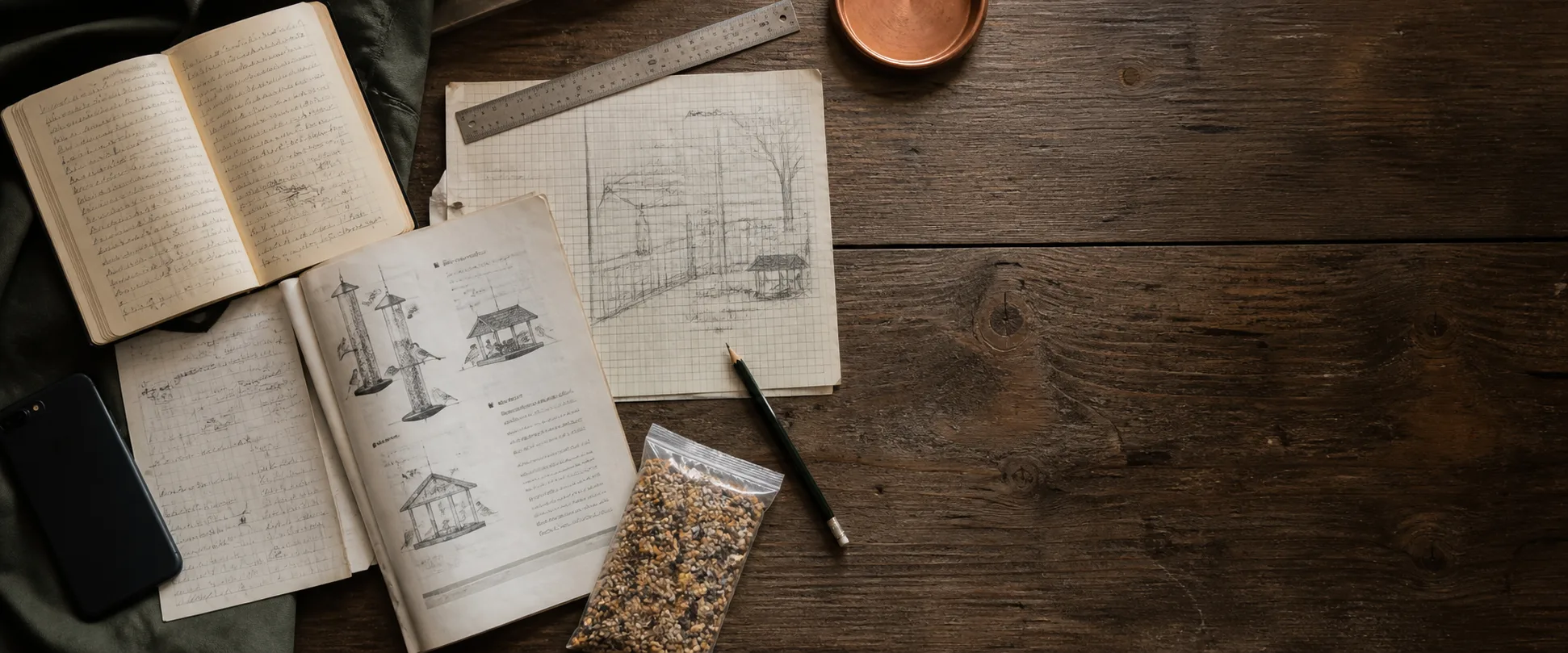Field notes, a feeder manual, a ruler, seed, and a yard sketch arranged on a wood table.