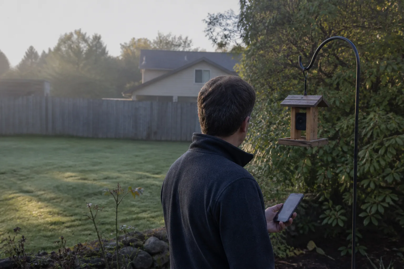A person checks a generic camera bird feeder setup from a modest backyard.