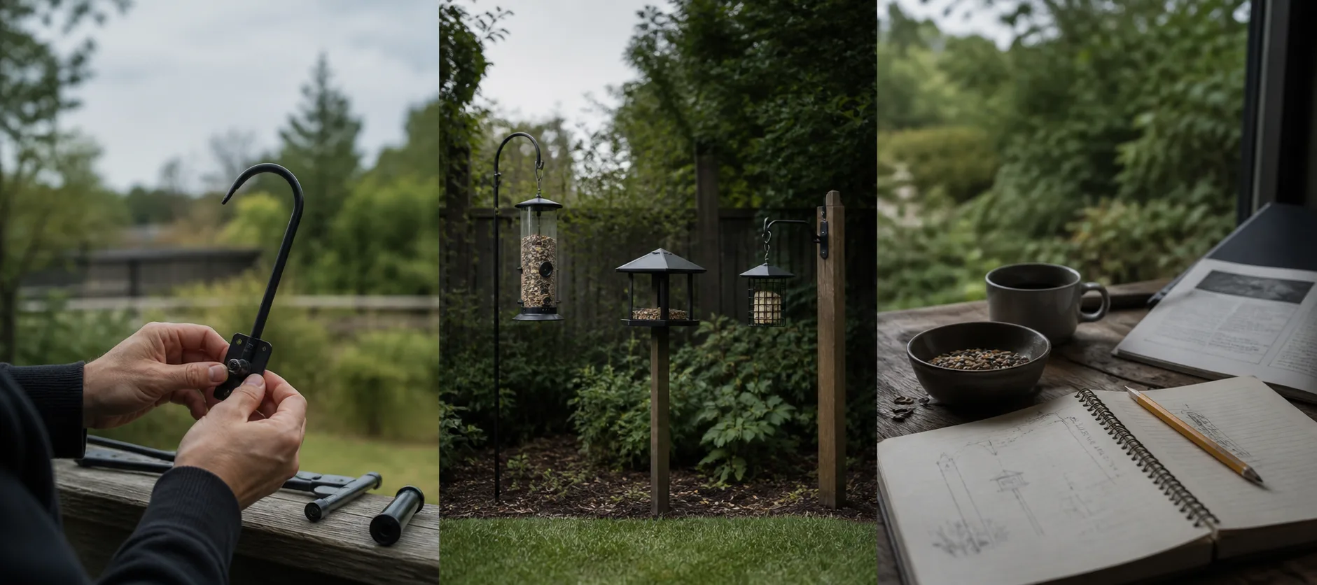 Three scenes showing a feeder mount, different feeder setups, and a research notebook.