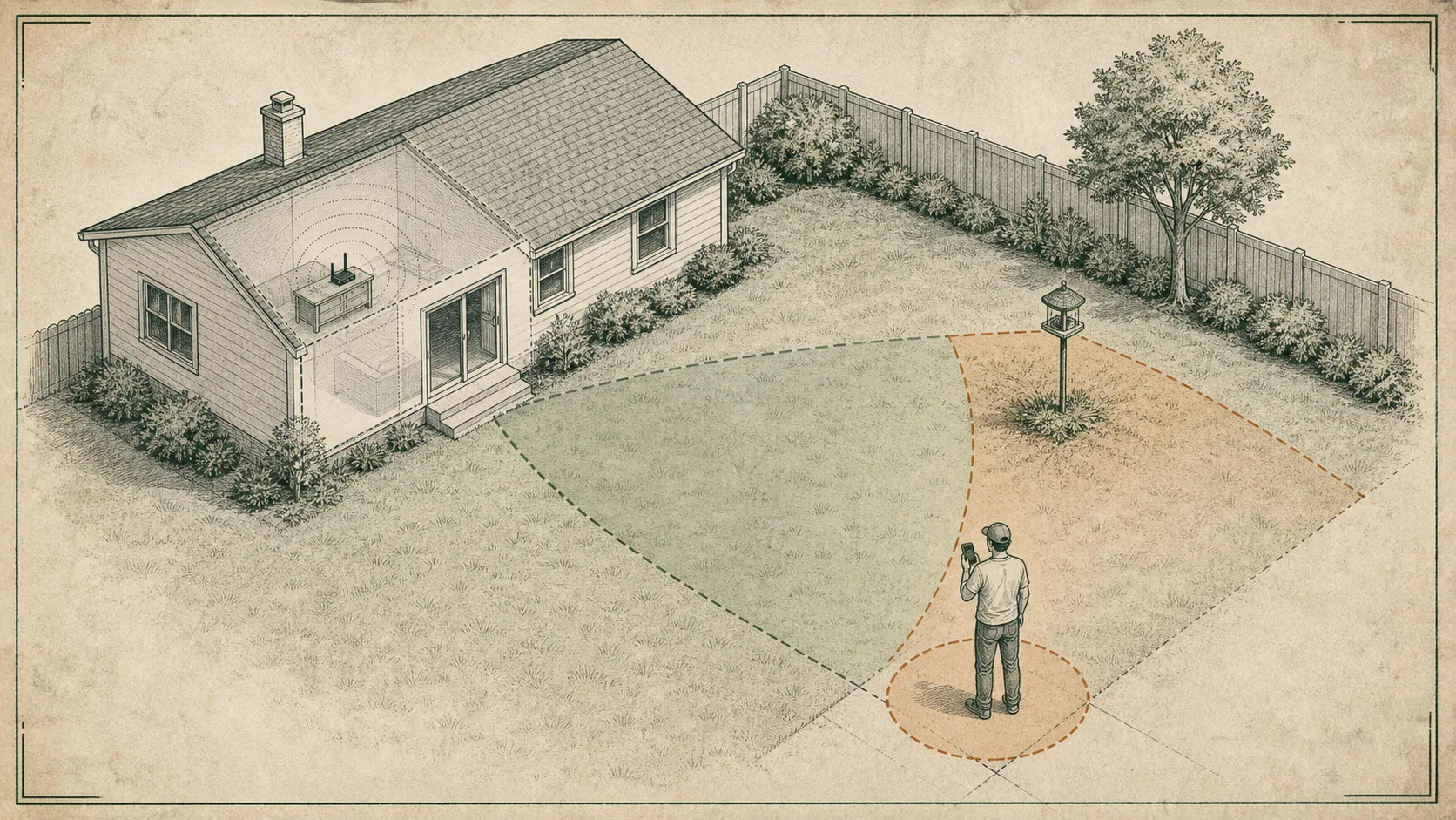 A field-style yard map showing a house, a feeder spot, Wi-Fi reach, open lawn, and nearby cover.