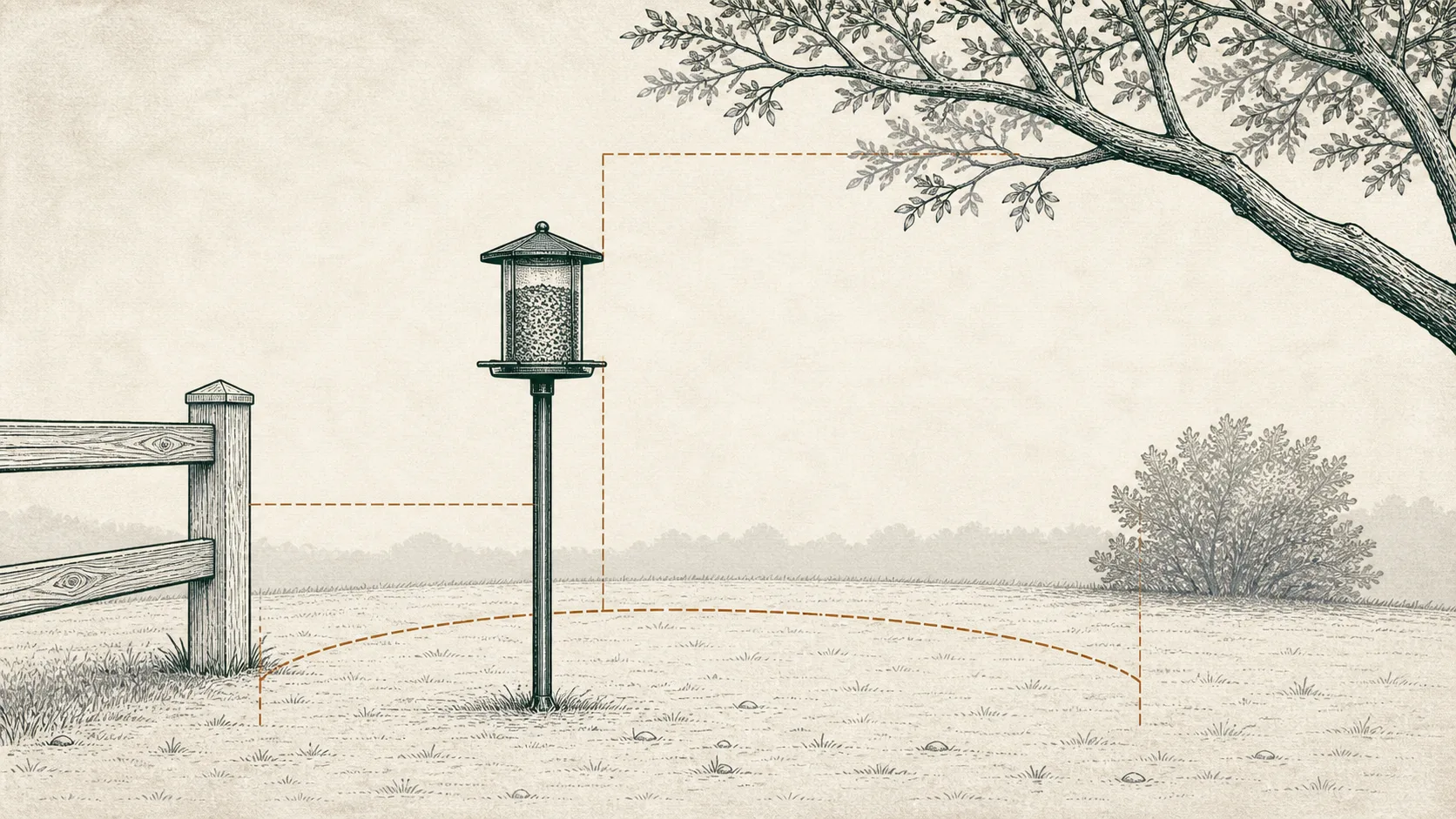 A field-style diagram of a feeder pole with a fence, a branch, and clearance zones.