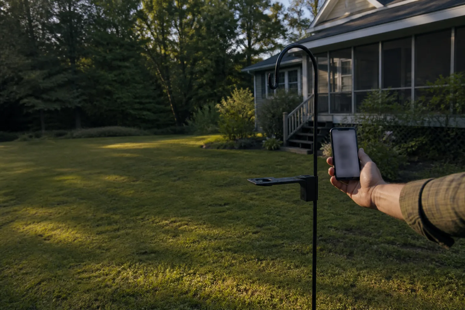 A person tests Wi-Fi at a future bird feeder mount beside a house.