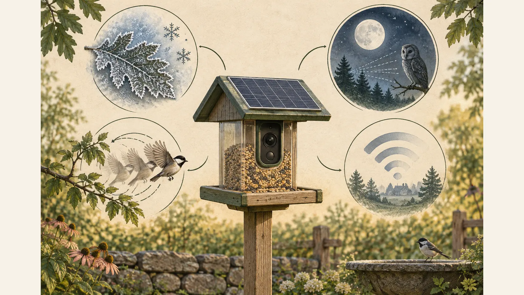 A generic solar camera feeder surrounded by conceptual cold, night-vision, motion, and weak-Wi-Fi factors.