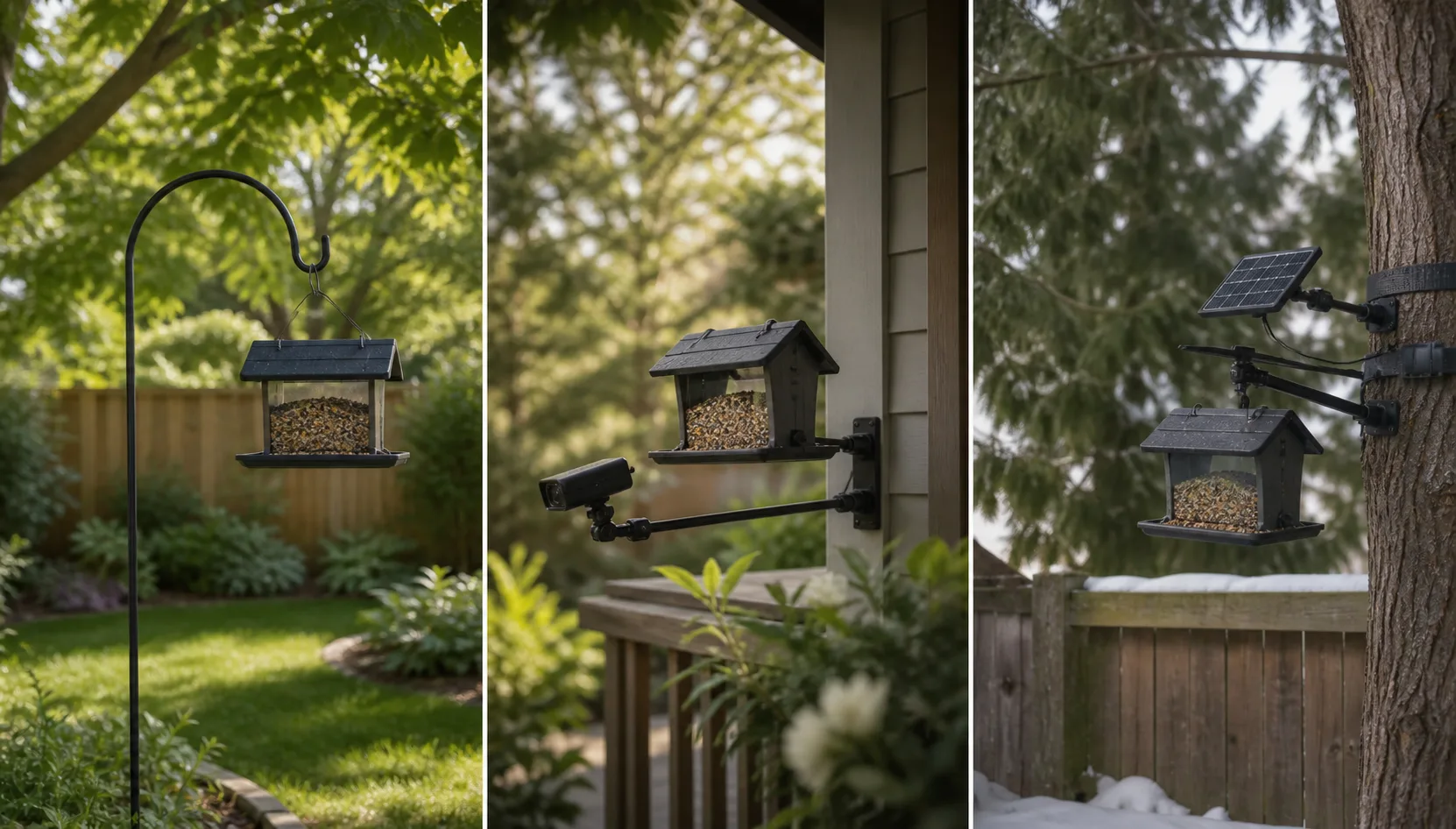 Three generic camera feeder setups representing simple setup, photo-focused framing, and all-season flexibility.