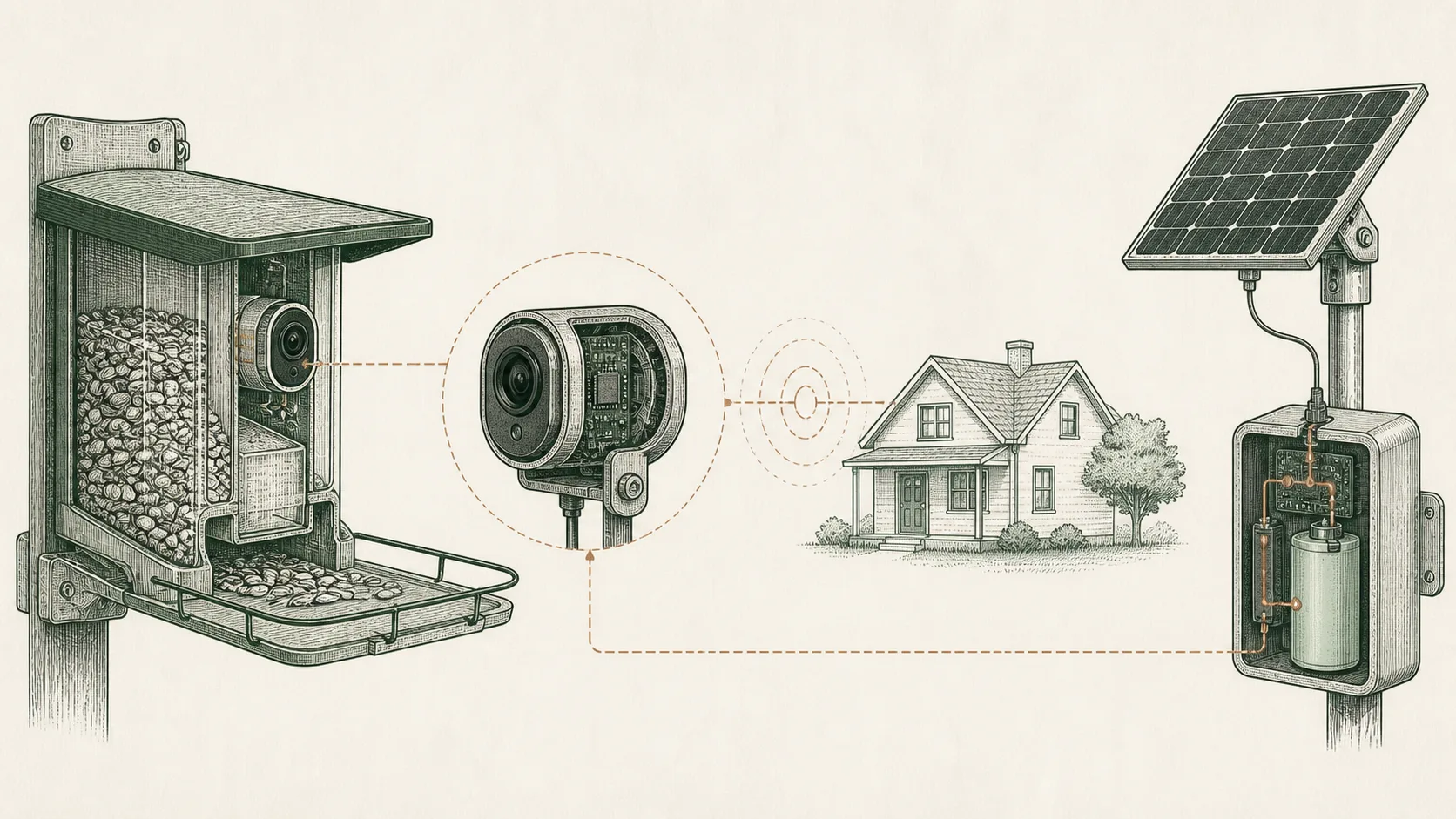 A field-manual diagram of a feeder, camera module, home Wi-Fi, and solar battery system.