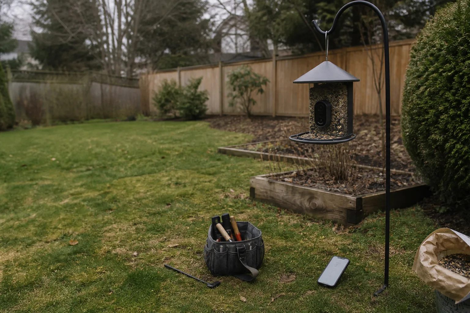 A generic camera bird feeder installation in progress in an ordinary backyard.