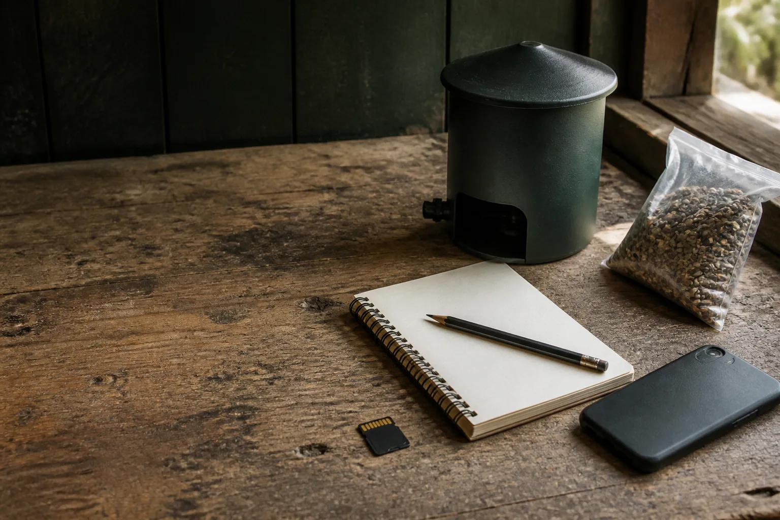 A generic feeder component, microSD card, notebook, and phone on a wood workbench.