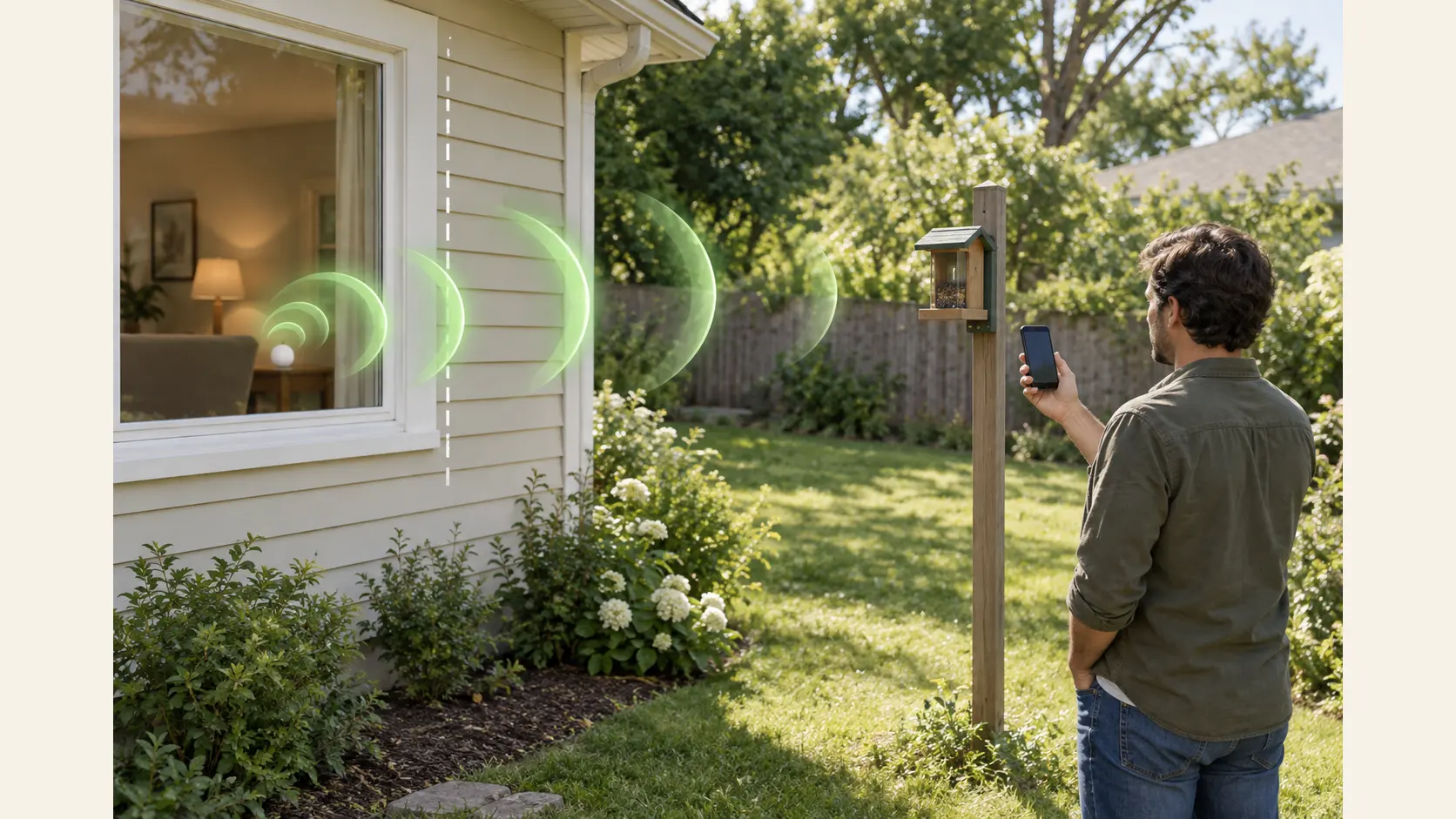 A person testing phone Wi-Fi from a possible feeder mount as signal arcs pass through a house wall.