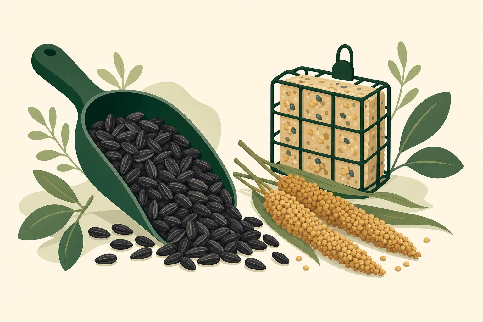 Illustration: a still-life of mixed bird seed with black-oil sunflower dominant, with smaller piles of millet, cracked corn, and nyjer around it.