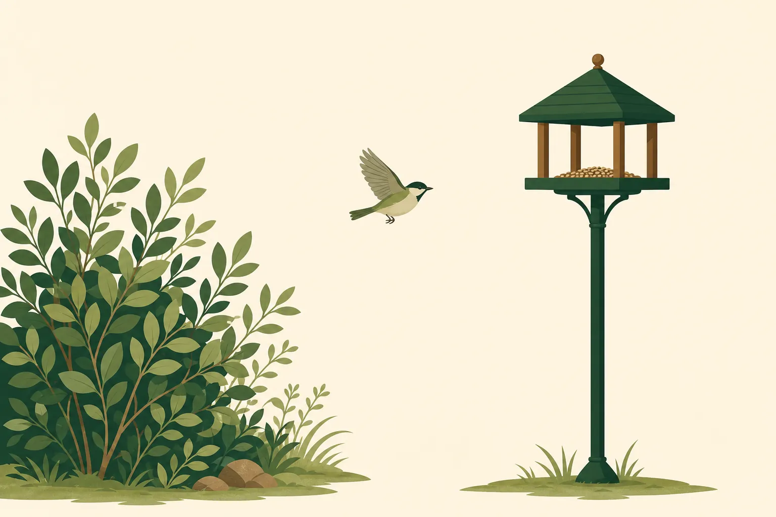 Illustration: a feeder on a pole placed near a low shrub cover at a comfortable distance from the cover, with open lawn in front.