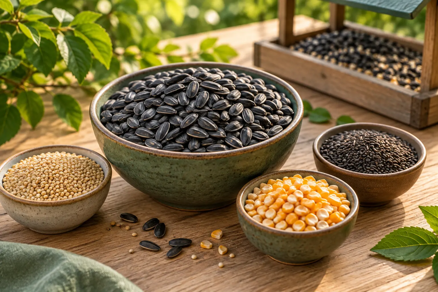 Bowls of black-oil sunflower, millet, cracked corn, and nyjer, with black-oil sunflower at the center.