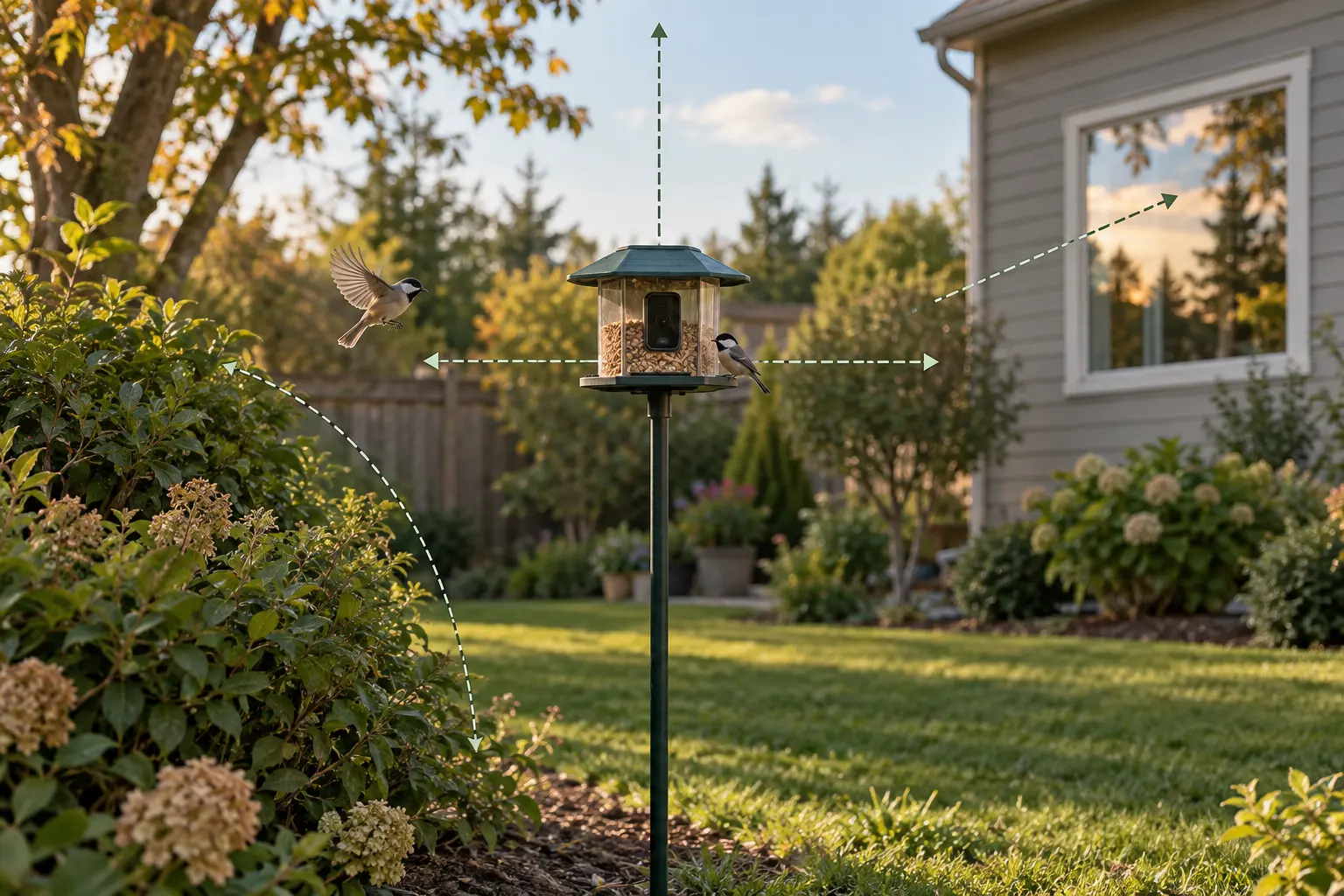 A generic camera bird feeder in a backyard with nearby shrub cover, open sky, and a distant house window.