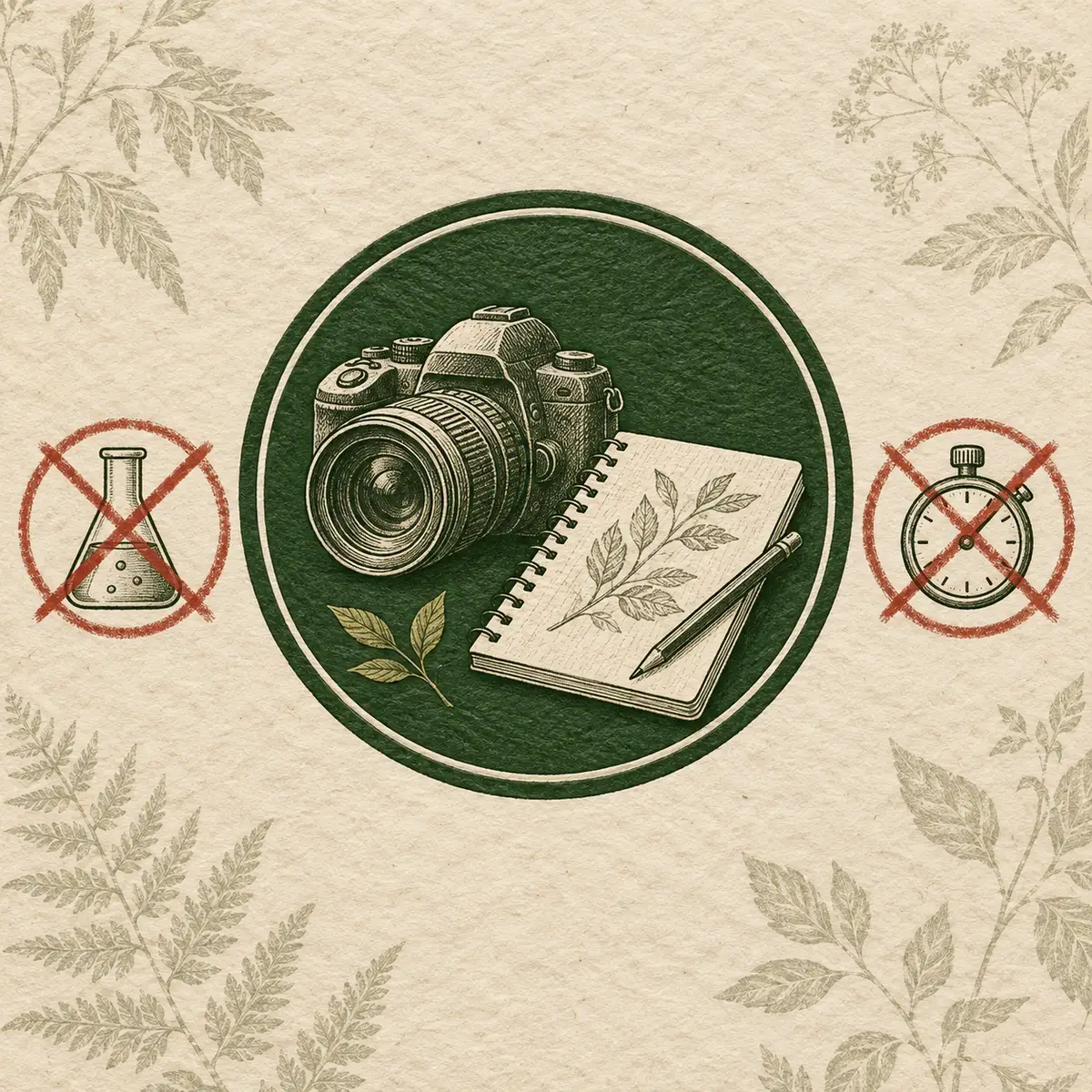 A research notebook and camera shown within a green emblem, with a laboratory flask and stopwatch crossed out.