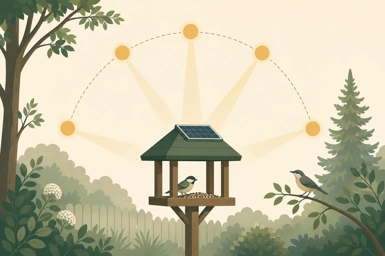 Illustration: the power chain &mdash; a small panel on the back of a feeder, an arrow into a battery pack, an arrow into a camera with a small lens.