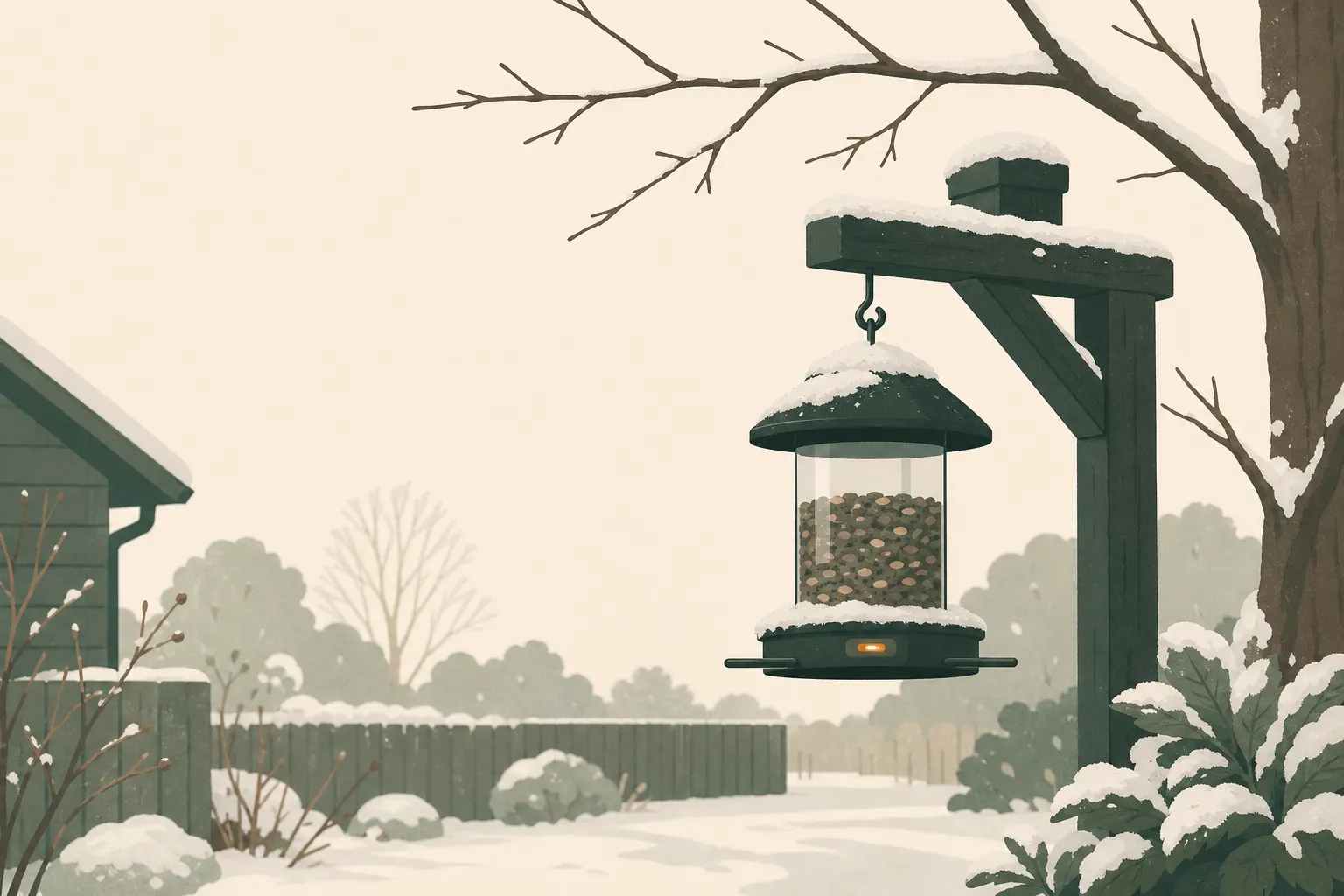 Illustration: a winter scene with short days, a feeder on a pole, snow on the ground, and a battery gauge on the feeder showing a low charge.
