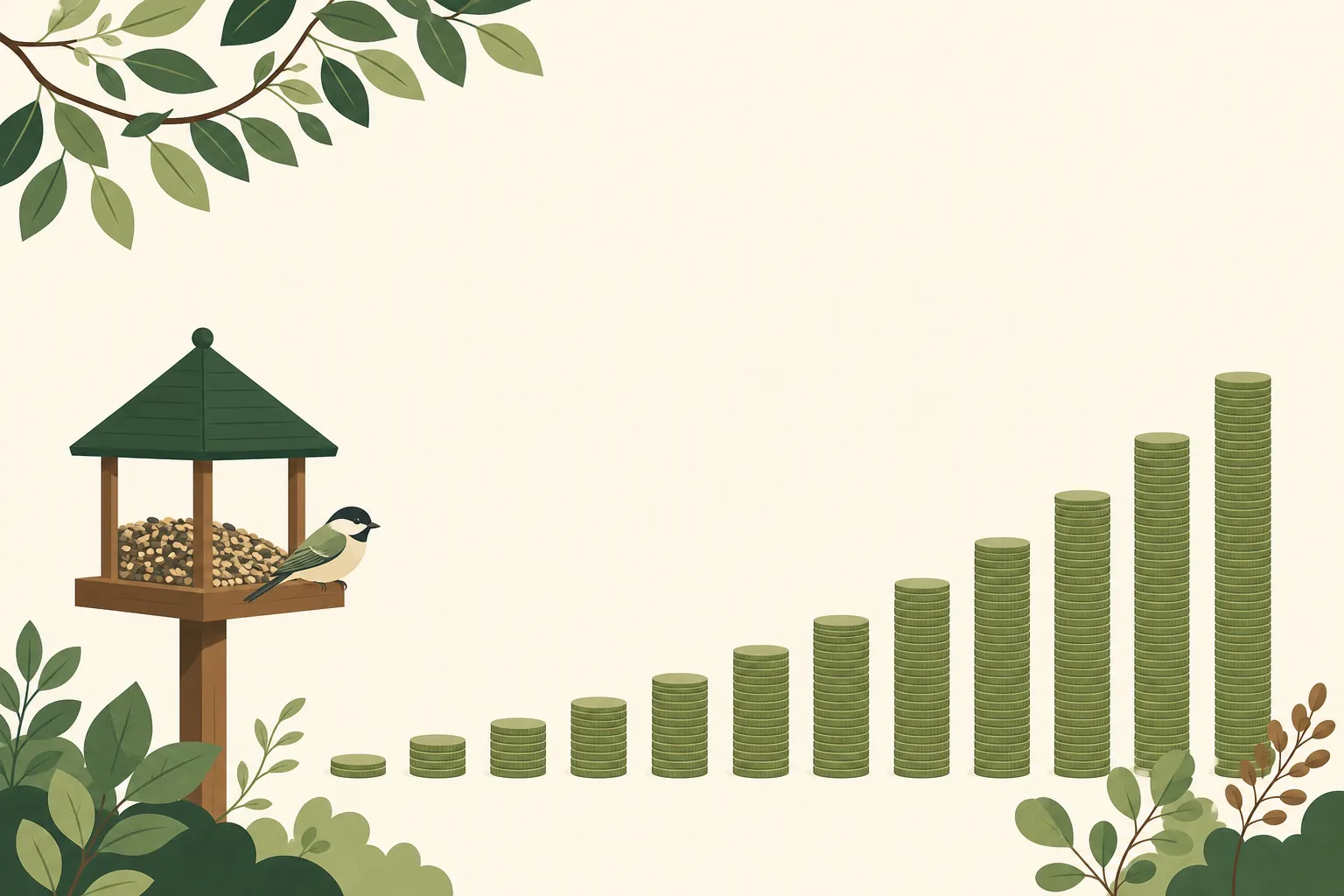 Illustration: a coin stack growing month by month beside a feeder, showing how small monthly fees add up over a year.