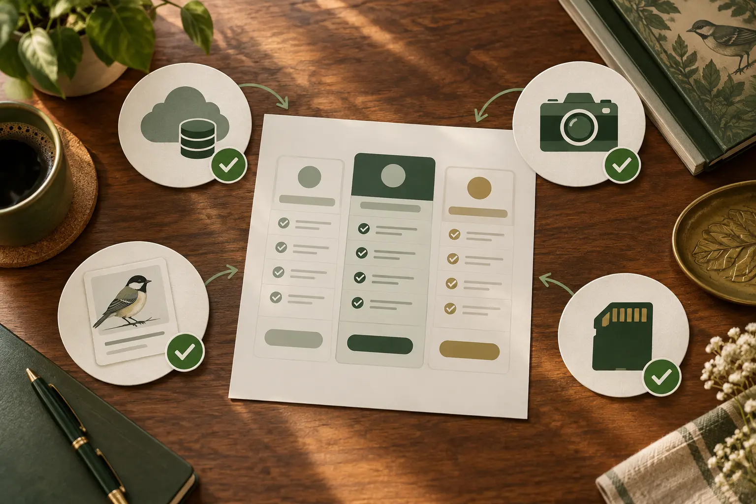 A generic plan sheet with visual checks for cloud storage, photos, bird identification, and a memory card.