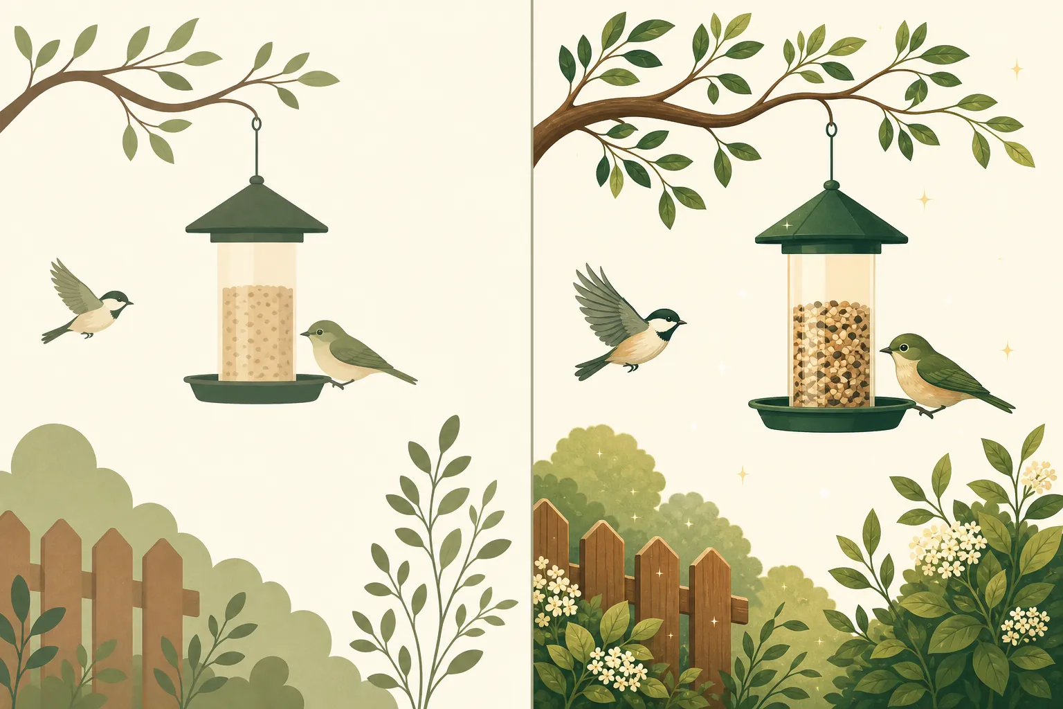Illustration: a split-screen of the same feeder scene, one side free tier and one side premium tier, with no text labels.
