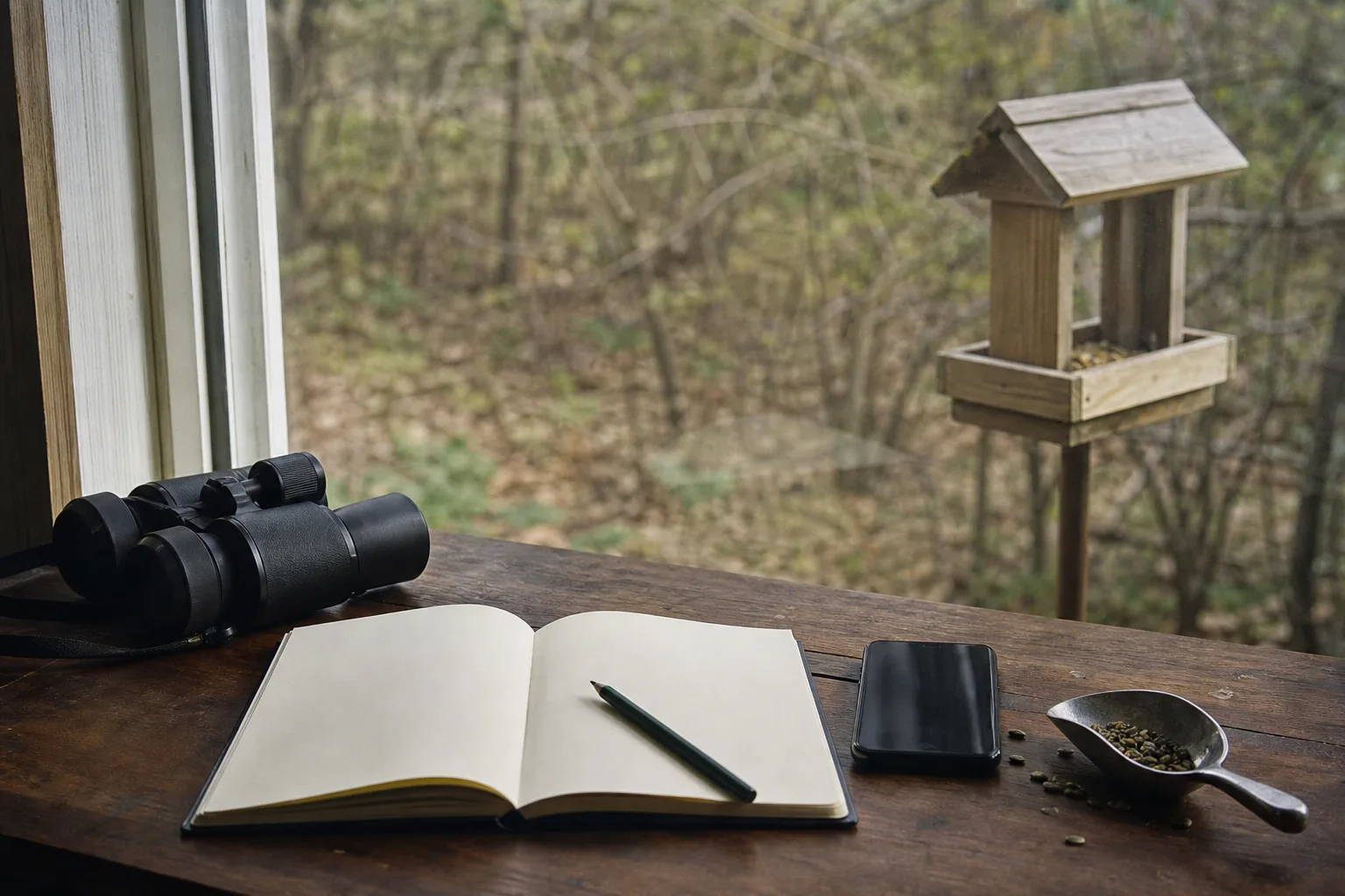 A field notebook and plain smartphone beside a window overlooking a small bird feeder