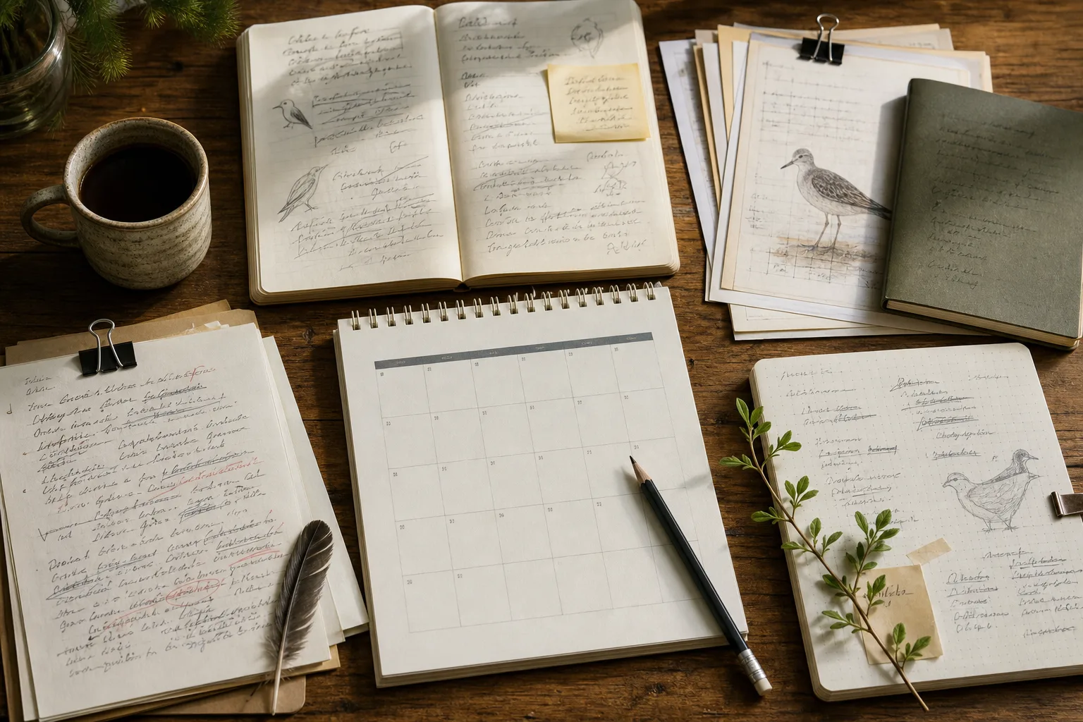 Dated research notes, a calendar, and source materials on a wooden table